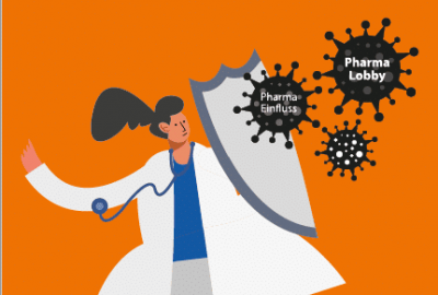 Grafik mit einer Medizinerin, die mit einem Schild virusähnliche Gebilde abwehrt und dem Text: Integeran forte - Stärke deine Immunität! Über ärztliche Abhängigkeiten und unsere wunden Punkte